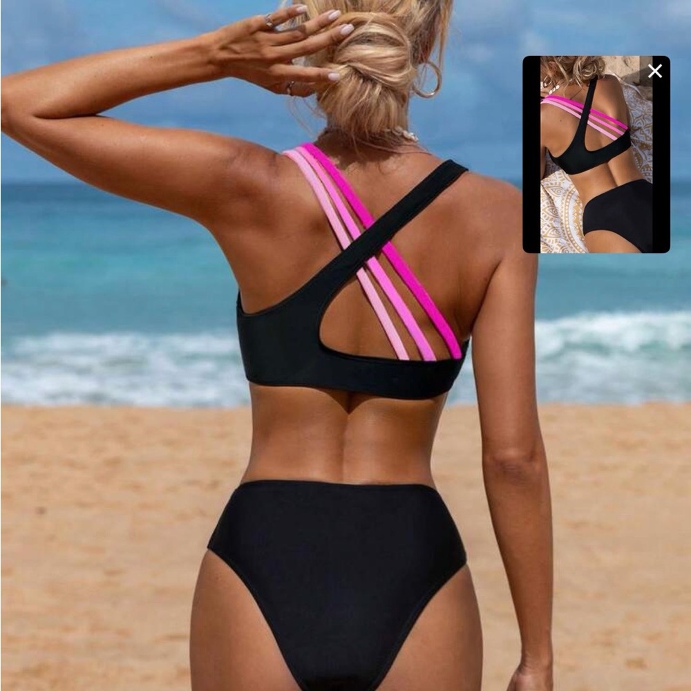 2 SHEIN Black Bikini with Bright Pink Multi-Strap Back swimsuits XS & S! 2 for 1 - Picture 3 of 9